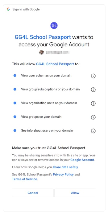 School Passport wants access your Google Account